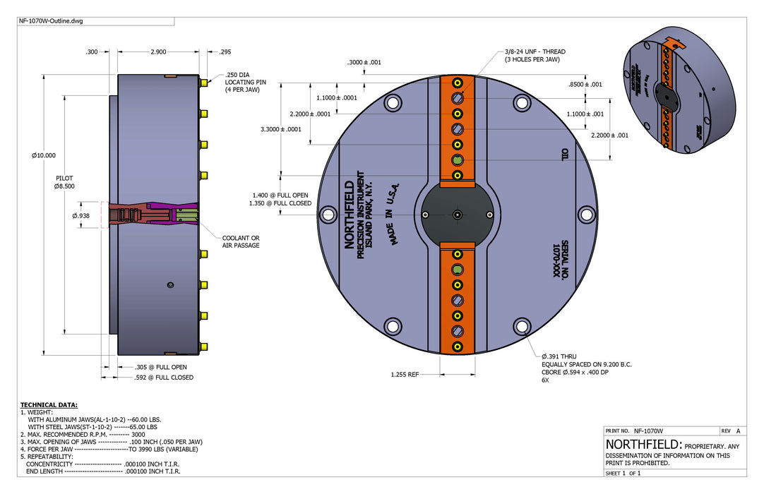 10 Inch Model 1070W Air Chuck with coolant through body