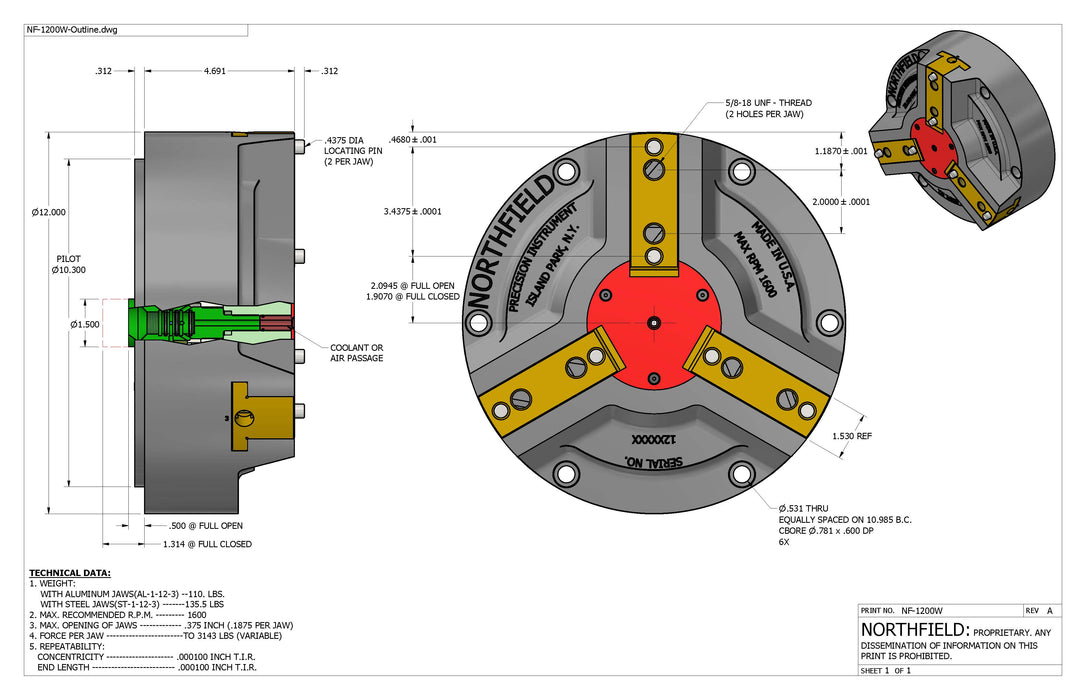 12 Inch Model 1200W Air Chuck with coolant through body