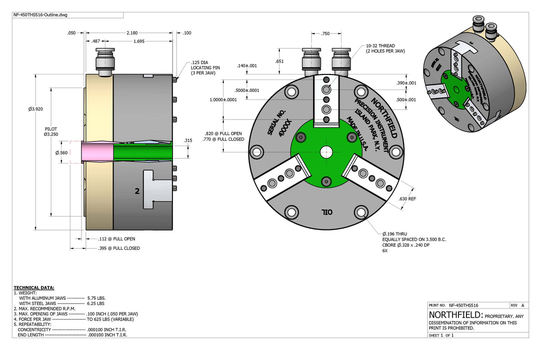 4 Inch Model 450THR516 Through Hole Rotating Chuck