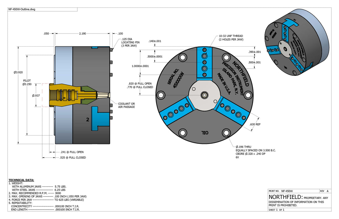 4 Inch Model 450W Air Chuck with coolant through body