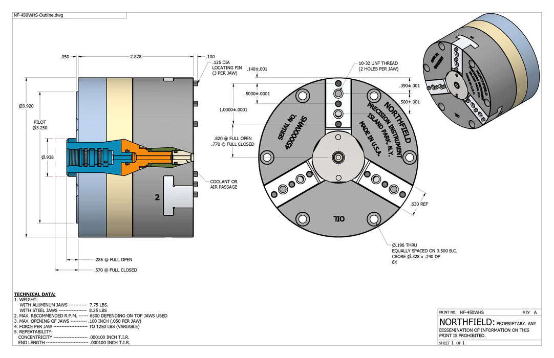 4 Inch Model 450WHS High Speed Air Chuck with coolant through body