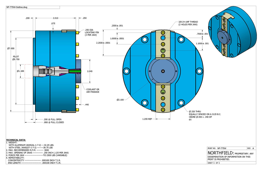 7 Inch Model 775W Air Chuck with coolant through body