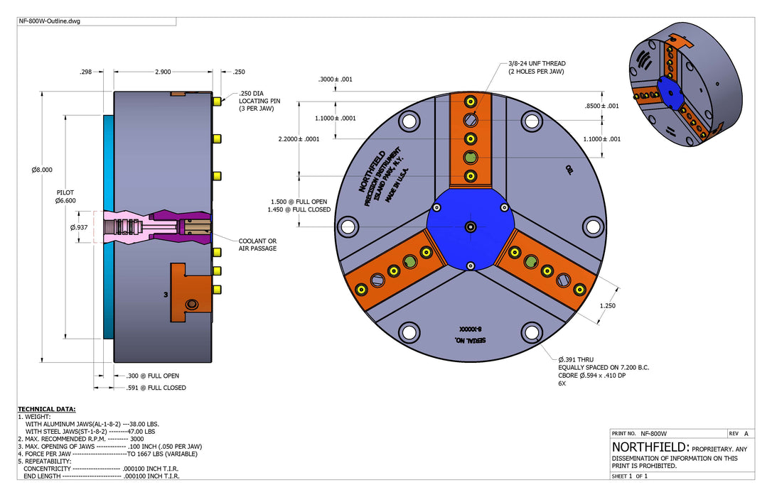 8 Inch Model 800W Air Chuck with coolant through body
