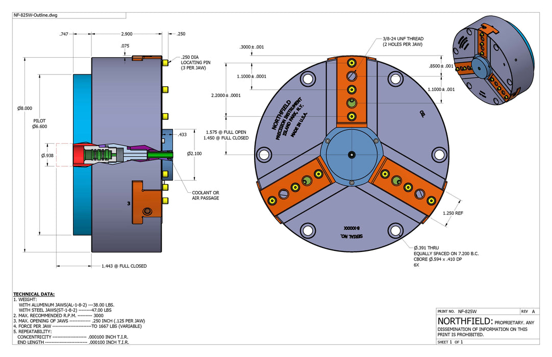 8 Inch Model 825W Air Chuck with coolant through body