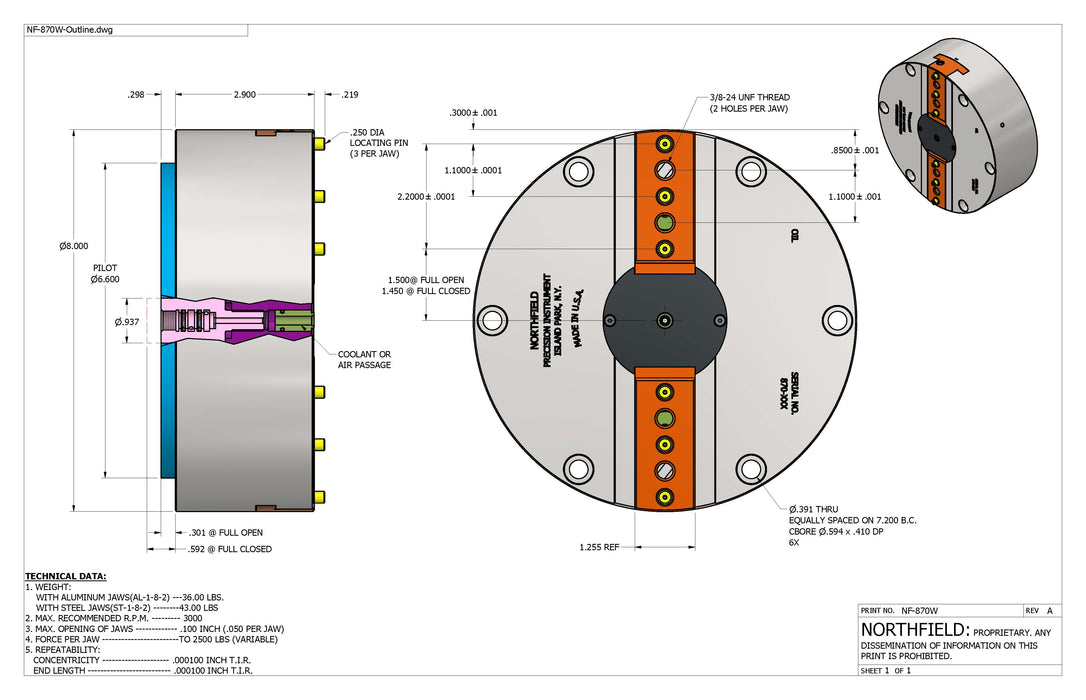 8 Inch Model 870W Air Chuck with coolant through body
