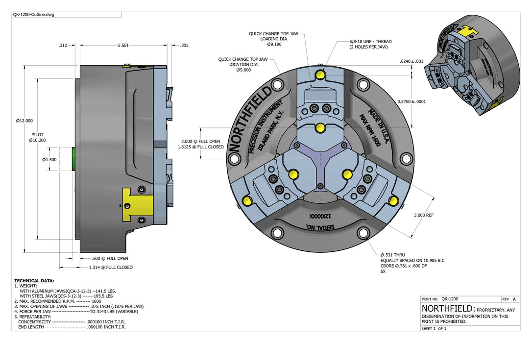 12 Inch Model 1200-QC Quick Change Air Chuck