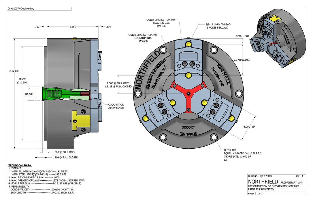 12 Inch Model 1200W-QC Quick Change Air Chuck with coolant through body
