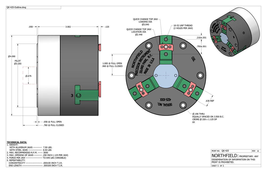 4 Inch Model 425-QC Quick Change Air Chuck